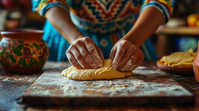 Hands are busy kneading masa dough on a wooden surface, surrounded by a traditional Mexican kitchen filled with vibrant textiles and clay pots, capturing a moment of culinary heritage.