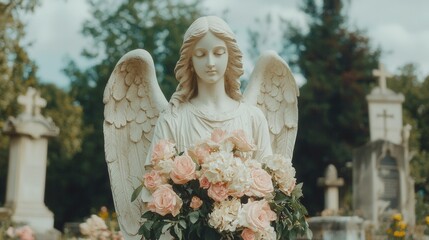 Serene angel statue adorned with flowers in a historic cemetery for tranquil commemorations