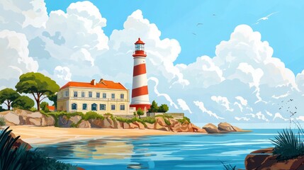 Lisbon, Portugal's Cascais is home to the Santa Marta lighthouse and municipal museum. On a lovely day, the Lighthouse Museum of Santa Marta in Cascais, Portugal, as viewed from Santa Marta Beach. 