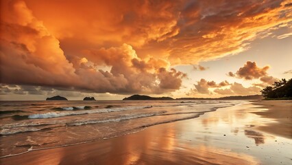 Vibrant sunset over ocean golden sun reflecting on waves dramatic sky