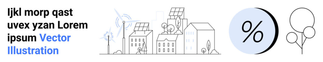 City buildings with solar panels, wind turbines, plants, and large percentage symbol. Ideal for renewable energy, eco-friendly, sustainable cities, environmental awareness, green living, clean