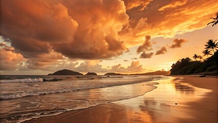 Vibrant sunset over ocean golden sun reflecting on waves dramatic sky