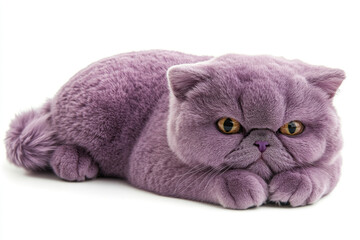 Purple cat peacefully laying on white surface, eyes closed in contentment.