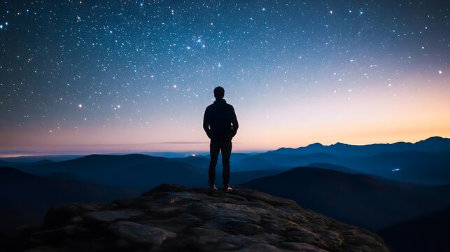 Silhouette of a man on a mountain top under a beautiful starry night sky - Powered by Adobe