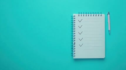 A clean to-do list notebook with checkmarks, emphasizing organization and productivity against a vibrant turquoise background.