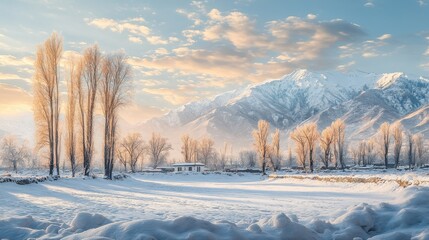 Obraz premium Beautiful winter landscape in Kashmir with snow-covered trees and mountains, winter, landscape, Kashmir, snow, trees, mountains