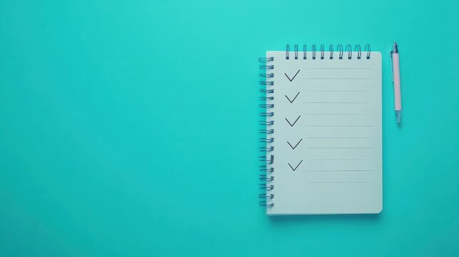 A clean to-do list notebook with checkmarks, emphasizing organization and productivity against a vibrant turquoise background.