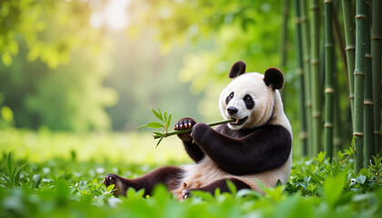 Panda eating bamboo in a lush green forest
