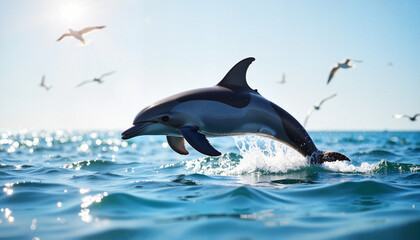Fototapeta premium Dolphin jumping over ocean waves under clear blue sky