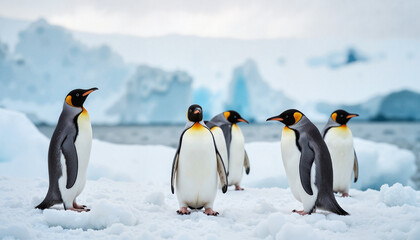 Obraz premium Group of penguins standing on snow in a cold landscape
