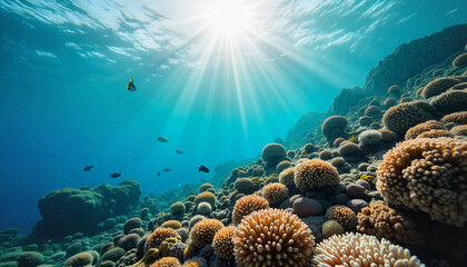 Vibrant coral reef with sunlight streaming underwater
