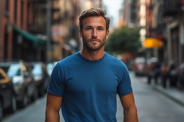 Young man stands confidently on urban street in afternoon sunlight