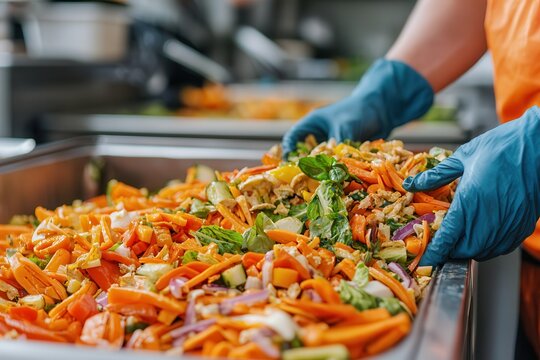 Food waste drives the circular economy. Vibrant salad preparation with fresh vegetables and gloved hands.