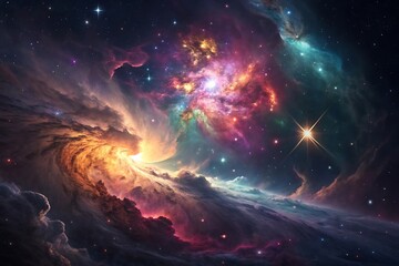 Cosmic explosion with vibrant nebula, swirling galaxies, celestial light burst, and space dust