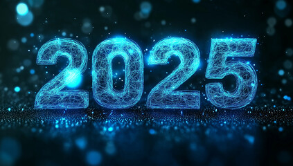 2025 Happy New Year – Neon Lights and Futuristic Technology Business Concept