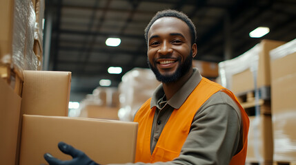 Obraz premium A warehouse worker scanning a box while smiling at the camera, emphasizing a positive, efficient work environment.