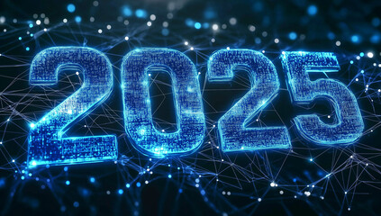 2025 Happy New Year – Neon Lights and Futuristic Technology Business Concept