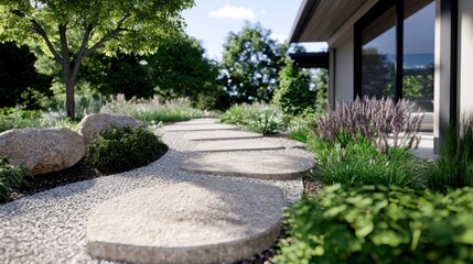 Tranquil spring garden with stone pathway and lush greenery for outdoor relaxation