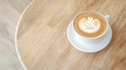Tranquil spring morning with decorative matcha latte art on a sleek wooden table