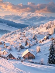 Alpine village outskirts panorama in last evening sunset sun light. Winter snowy hills and fir trees, magnificient and picturesque mountain range in far. Voronenko, Ukraine, Carpathian.