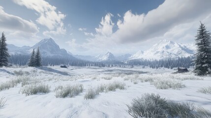 Obraz premium A wide-angle shot of a pristine winter landscape, with snow-covered pine trees and distant snowy mountains under a cloudy sky.