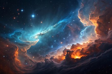 Cosmic nebula with swirling interstellar clouds, vibrant blue and orange hues, and star formation