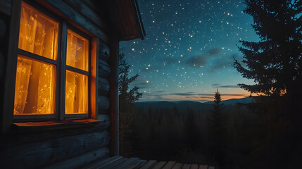 Fototapeta premium Cozy Cabin Night in the Forest with Starry Sky