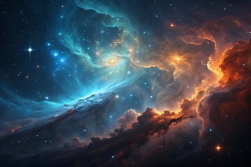 Cosmic nebula with swirling interstellar clouds, vibrant blue and orange hues, and star formation