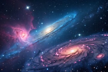 Cosmic nebula with swirling galaxies, blue and pink hues, and luminous stars in deep space