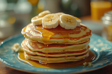 Stack of pancakes adorned with bananas and syrup, on a rustic wooden table.