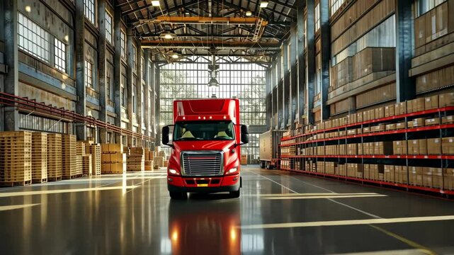Sunlight streams through the large windows of an industrial warehouse, illuminating a red truck parked beside stacks of pallets.