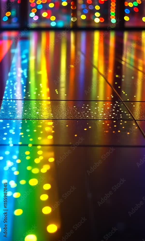 Poster vibrant rainbow lights create colorful and dynamic atmosphere, reflecting joy on smooth surface whil