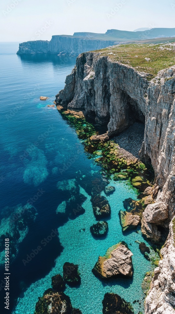 Wall mural Breathtaking coastal view of turquoise waters and rocky cliffs under a clear sky in Cyprus