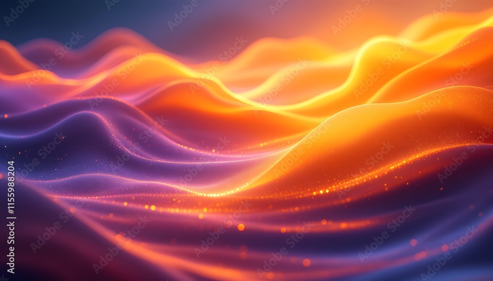 Poster vibrant orange and purple waves in motion. abstract flowing light background with glowing particles.