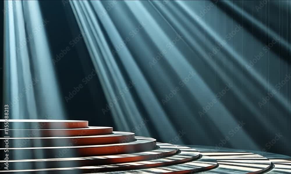 Poster dramatic stage with circular steps illuminated beams of light and shadows create captivating atmosph