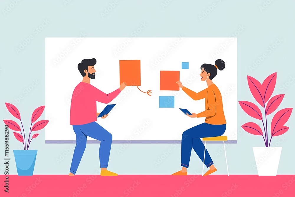 Poster collaborative brainstorming: a vibrant illustration showcasing a diverse team collaborating on a whi