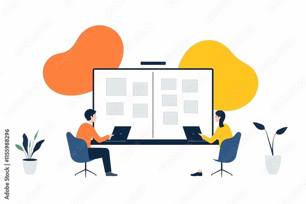 Aufkleber collaborative brainstorming: two colleagues sit facing a large whiteboard, engaged in a productive b