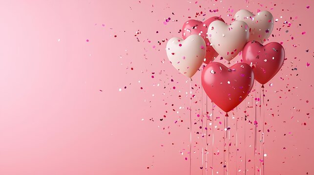 Pink Heart Balloons Romantic Valentine Confetti Celebration Background
