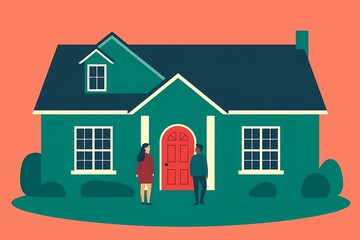 Couple Standing in Front of New Home: A cheerful couple stand outside their new home, a symbol of their dreams coming true. This illustration captures the joy and excitement of homeownership.