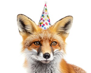 Fototapeta premium Red Fox Birthday Party: Cute Funny Fox Celebrating with Balloons and Party Hat
