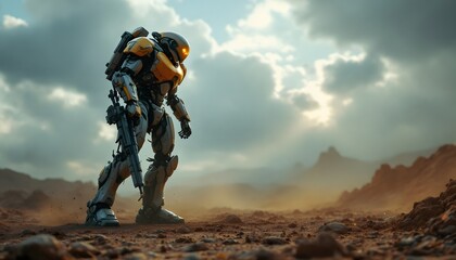 Futuristic armored soldier standing on rocky terrain at sunset. Battle-ready warrior in science fiction combat suit against dramatic cloudy sky. Desert warfare scene for gaming or movie concept