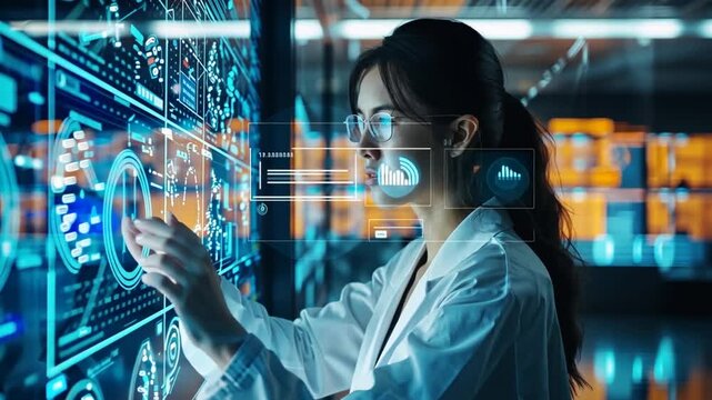 A technology expert in a white lab coat interacts with a futuristic digital interface displaying various data metrics. The environment is sleek, illuminated by vibrant screens