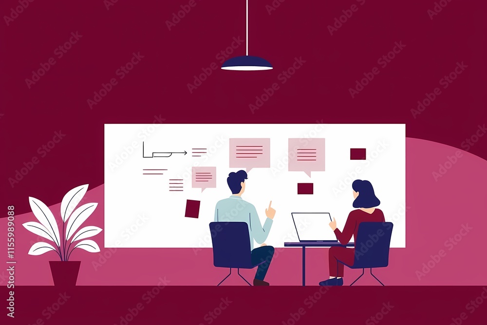 Poster brainstorming session: two colleagues collaborate in a minimalist office setting, focused on a white