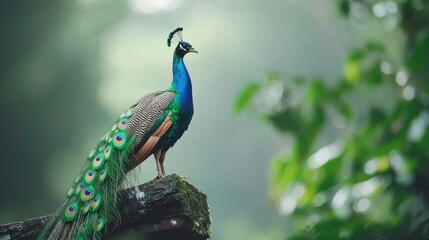 Obraz premium Vibrant peacock displaying colorful feathers in spring nature scene