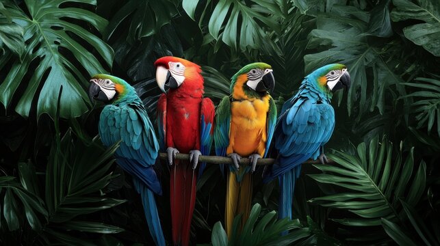 Vibrant parrots perched in lush tropical rainforest setting