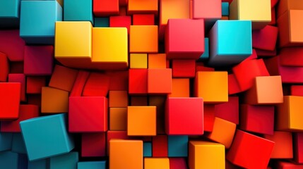 Abstract Colorful Cubes 3D Render: A vibrant explosion of colorful cubes in a dynamic, chaotic arrangement, showcasing a diverse palette of reds, oranges, yellows, and blues.
