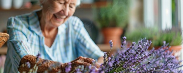Smiling senior woman arranging lavender in a bright, peaceful indoor setting