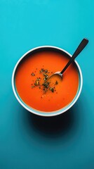 Vibrant Tomato Soup in White Bowl with Spoon on Blue Background
