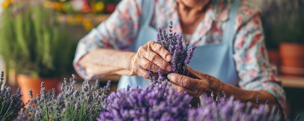 Elderly woman arranging lavender in a sunny, cozy environment