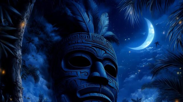 Mysterious blue mask emerges in a tropical jungle under the moonlight